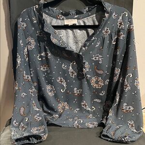 LOFT Paisley Print Blouse - Dark Gray and White
